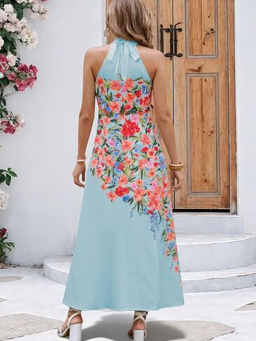 Womens Summer Floral Maxi Dress Halter Neck Sleeveless Sundresses Beach Vacation Wedding Guest Flowy Long Dresses with Belt in Saudi Arabia