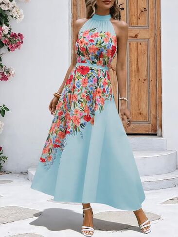 Womens Summer Floral Maxi Dress Halter Neck Sleeveless Sundresses Beach Vacation Wedding Guest Flowy Long Dresses with Belt in Saudi Arabia
