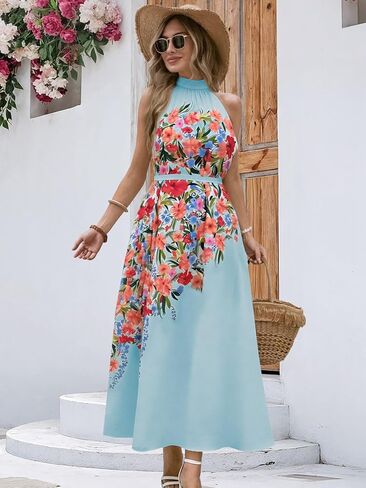 Womens Summer Floral Maxi Dress Halter Neck Sleeveless Sundresses Beach Vacation Wedding Guest Flowy Long Dresses with Belt in Saudi Arabia