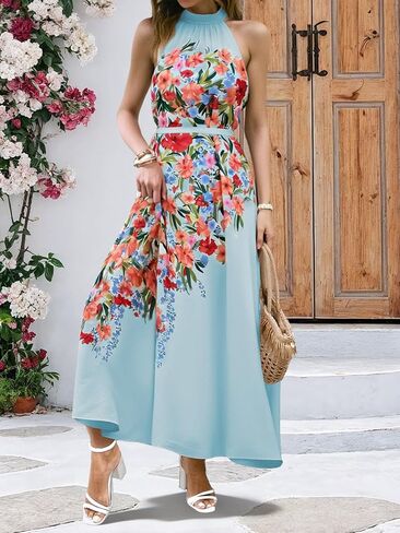 Womens Summer Floral Maxi Dress Halter Neck Sleeveless Sundresses Beach Vacation Wedding Guest Flowy Long Dresses with Belt in Saudi Arabia
