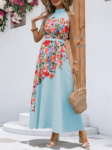 Womens Summer Floral Maxi Dress Halter Neck Sleeveless Sundresses Beach Vacation Wedding Guest Flowy Long Dresses with Belt in Saudi Arabia