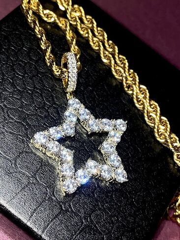 Lucky Star Pendant Necklace – Men & Women Iced Out Medallion, 925 Italy Stainless Steel, Rope Chain 2.5mm, Hip Hop Fashion Jewelry in Saudi Arabia