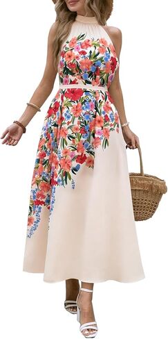 Womens Summer Floral Maxi Dress Halter Neck Sleeveless Sundresses Beach Vacation Wedding Guest Flowy Long Dresses with Belt in Saudi Arabia