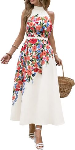 Womens Summer Floral Maxi Dress Halter Neck Sleeveless Sundresses Beach Vacation Wedding Guest Flowy Long Dresses with Belt in Saudi Arabia