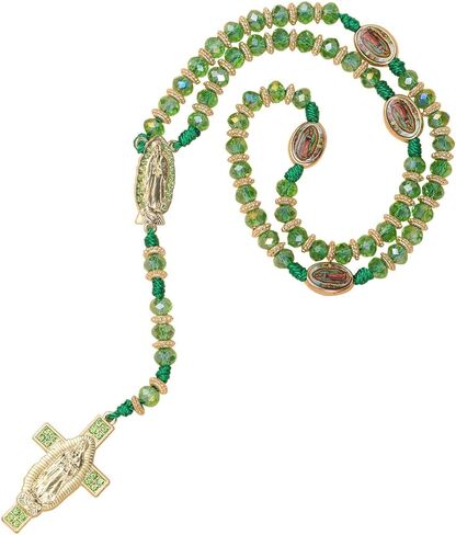 Our Lady of Guadalupe Rosary Necklace for Men & Women Mexican Green Crystal Beaded Catholic Prayer Beads with Gold-Tone Virgin Mary Cross Pendant Religious Spiritual jewelry Gift in Saudi Arabia
