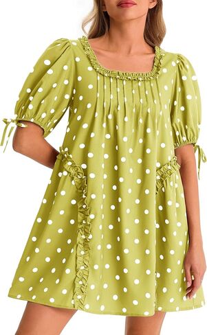 Wenrine Womens Babydoll Mini Dresses Casual Polka Dot Short Sleeve Square Neck Oversized Cute Summer Dress with Pockets in Saudi Arabia