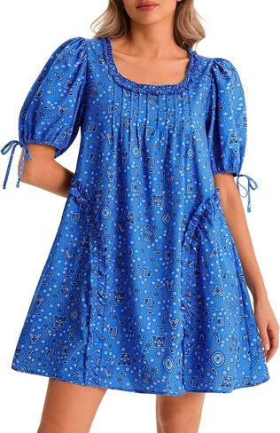 Wenrine Womens Babydoll Mini Dresses Casual Polka Dot Short Sleeve Square Neck Oversized Cute Summer Dress with Pockets in Saudi Arabia