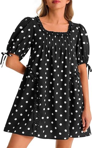 Wenrine Womens Babydoll Mini Dresses Casual Polka Dot Short Sleeve Square Neck Oversized Cute Summer Dress with Pockets in Saudi Arabia