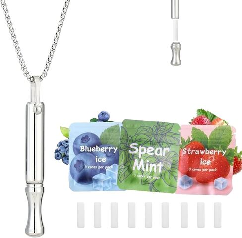 Breathing Necklace to Quit Smoking, Anxiety Relief Fidget Necklace for Adults, Refillable Smokeless Inhaler with Mint Pods Stainless Steel in Saudi Arabia