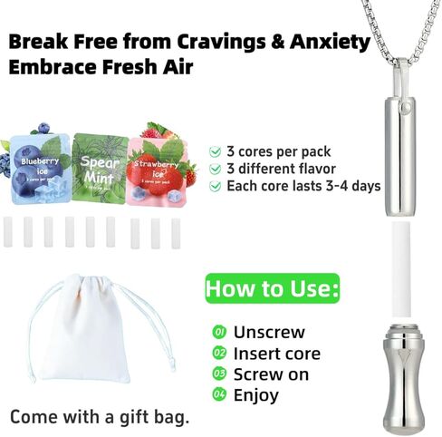 Breathing Necklace to Quit Smoking, Anxiety Relief Fidget Necklace for Adults, Refillable Smokeless Inhaler with Mint Pods Stainless Steel in Saudi Arabia