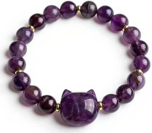 Slowgrain 14K Gold Plated Natural Gemstone Bracelet, Handmade Lucky Cat Paw Charm Bracelet with Amethyst/Tiger Eye, Adjustable Elastic Band for Bracelet, Gift for Cat Owners & Daily Wear in Saudi Arabia