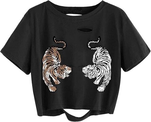 Avanova Tigers Graphic Cropped Tee Shirts Short Sleeve Crop Tops Distressed Ripped T-Shirt in Kuwait