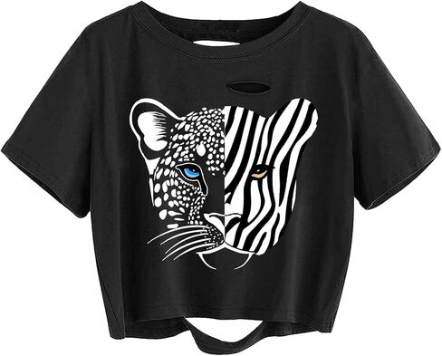 Avanova Tigers Graphic Cropped Tee Shirts Short Sleeve Crop Tops Distressed Ripped T-Shirt in Saudi Arabia