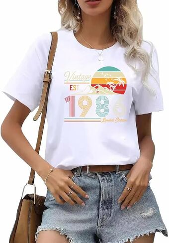 قمصان عيد الميلاد الأربعين للنساء خمر 1986 حفلة عيد ميلاد هدية التي شيرت عادية كم قصير 40 Bday تي شيرت in Kuwait
