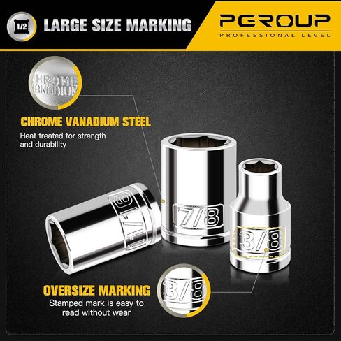 مجموعة مقابس ضحلة للمحرك 10 قطع مقاس 1/2 بوصة، SAE (3/8 بوصة - 15/16 بوصة)، 6 نقاط، فولاذ Cr-V، مقبس مطلي بالكروم المصقول بالكامل مع دعامة تعليق، غطاء الأحجام الأكثر شيوعًا in Kuwait