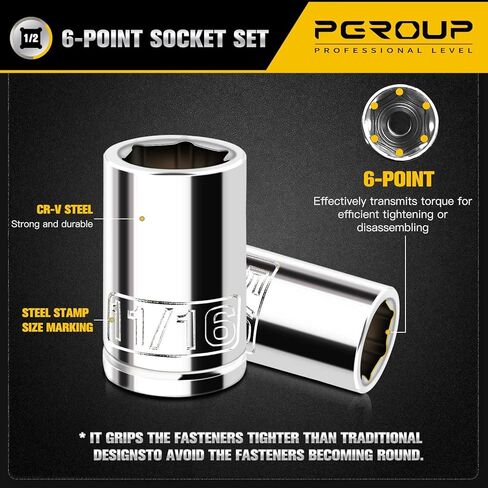 مجموعة مقابس ضحلة للمحرك 10 قطع مقاس 1/2 بوصة، SAE (3/8 بوصة - 15/16 بوصة)، 6 نقاط، فولاذ Cr-V، مقبس مطلي بالكروم المصقول بالكامل مع دعامة تعليق، غطاء الأحجام الأكثر شيوعًا in Kuwait