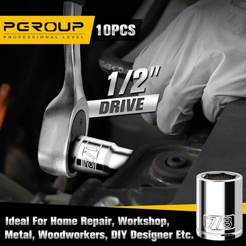 مجموعة مقابس ضحلة للمحرك 10 قطع مقاس 1/2 بوصة، SAE (3/8 بوصة - 15/16 بوصة)، 6 نقاط، فولاذ Cr-V، مقبس مطلي بالكروم المصقول بالكامل مع دعامة تعليق، غطاء الأحجام الأكثر شيوعًا in Kuwait