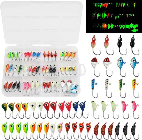 Ice Fishing Jigs Lures kit,48pcs Luminous Ice Fishing Gear Crappie Panfish Jigs Head Fishing Hooks Set for Winter Ice Jigging Walleye Perch Bluegill in Kuwait