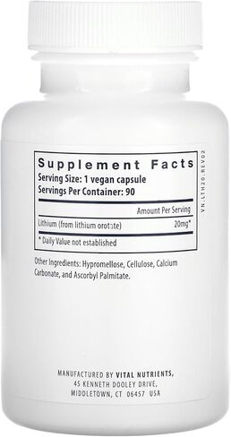 Vital Nutrients Lithium Orotate | Vegan Lithium Supplements for Memory, State of Mind, and Behavioral Health* | 20mg | Gluten, Dairy, Soy Free | 90 Capsules in Kuwait