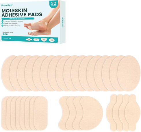 Moleskin Blister Tape Pads for Feet - Promifun 32ct of 4 Shapes Blisters Bandages for Foot, Toe, Heel,Finger - Mole Skin Patch Stickers for Shoe, Callus, Bunion Prevention & Recovery - Beige in Saudi Arabia