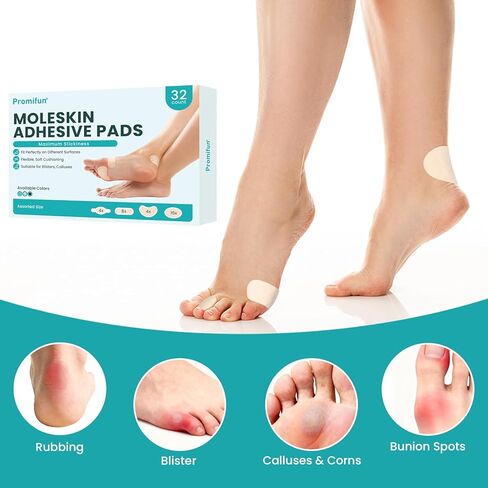 Moleskin Blister Tape Pads for Feet - Promifun 32ct of 4 Shapes Blisters Bandages for Foot, Toe, Heel,Finger - Mole Skin Patch Stickers for Shoe, Callus, Bunion Prevention & Recovery - Beige in Saudi Arabia