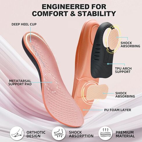 حشوات دعم قوس القدم من OrthoComfoot للنساء - نعال داخلية مريحة لتخفيف التهاب اللفافة الأخمصية للقدم المسطحة وآلام الكعب والقدم، نعال أحذية تقويمية عالية القوس للوقوف طوال اليوم، مقاس وردي 8 للنساء in Kuwait