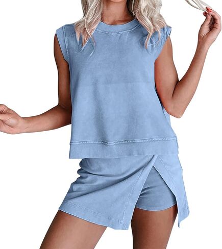 Womens Summer 2 Pieces Crew Neck Sleeveless Cotton Tank Top Side Split Skorts Shorts Athletic Skirt Sets Travel Outfits in Saudi Arabia