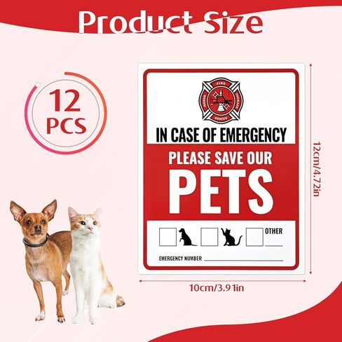 12Pcs Pets Inside Fire Rescue Sticker, 12x10cm Waterproof Strong Adhesive Pet Alert Safety Sticker in Case of Fire or Emergency Please Rescue Our Pets Stickers for Window Door Application in Kuwait