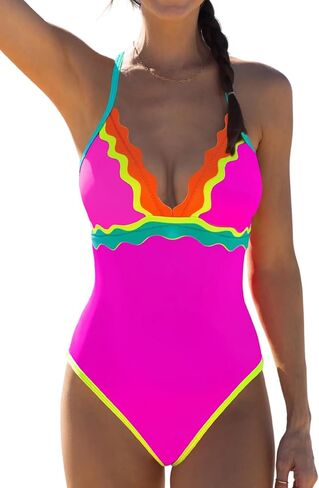 popvil One Piece Swimsuits Women 2026 Tummy Control - Neon Colorful Bathing Suit Slimming V Neck Swim Suit in Kuwait