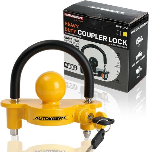 AUTOXBERT Universal Coupler Lock Trailer Locks Ball Hitch Trailer Hitch Lock Adjustable Security with Weatherproof Cover and Cap,Heavy-Duty Steel Fits 1-7/8 Inch, 2 Inch, 2-5/16 Inch Couplers, Yellow in Saudi Arabia