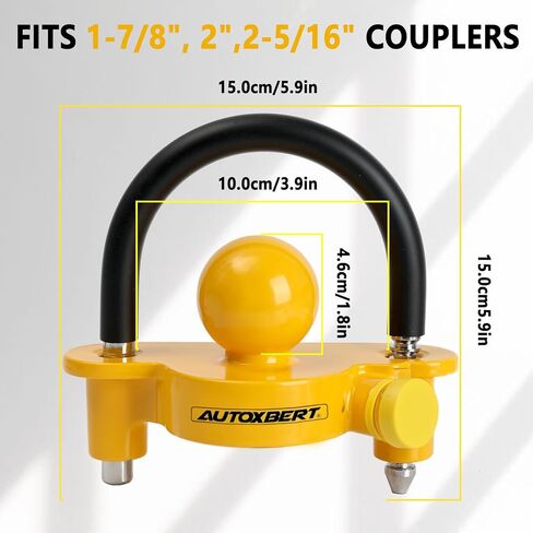 AUTOXBERT Universal Coupler Lock Trailer Locks Ball Hitch Trailer Hitch Lock Adjustable Security with Weatherproof Cover and Cap,Heavy-Duty Steel Fits 1-7/8 Inch, 2 Inch, 2-5/16 Inch Couplers, Yellow in Saudi Arabia