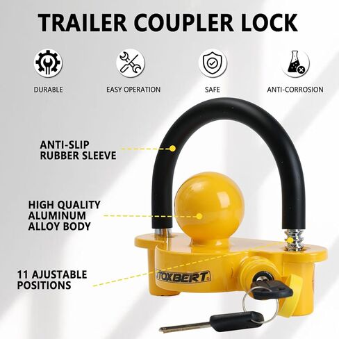 AUTOXBERT Universal Coupler Lock Trailer Locks Ball Hitch Trailer Hitch Lock Adjustable Security with Weatherproof Cover and Cap,Heavy-Duty Steel Fits 1-7/8 Inch, 2 Inch, 2-5/16 Inch Couplers, Yellow in Saudi Arabia