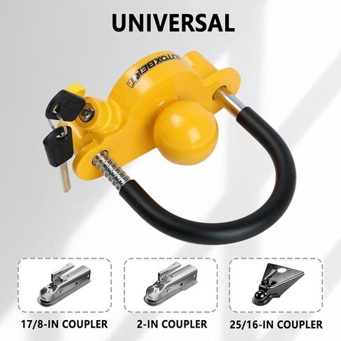 AUTOXBERT Universal Coupler Lock Trailer Locks Ball Hitch Trailer Hitch Lock Adjustable Security with Weatherproof Cover and Cap,Heavy-Duty Steel Fits 1-7/8 Inch, 2 Inch, 2-5/16 Inch Couplers, Yellow in Saudi Arabia