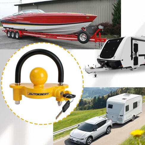 AUTOXBERT Universal Coupler Lock Trailer Locks Ball Hitch Trailer Hitch Lock Adjustable Security with Weatherproof Cover and Cap,Heavy-Duty Steel Fits 1-7/8 Inch, 2 Inch, 2-5/16 Inch Couplers, Yellow in Saudi Arabia