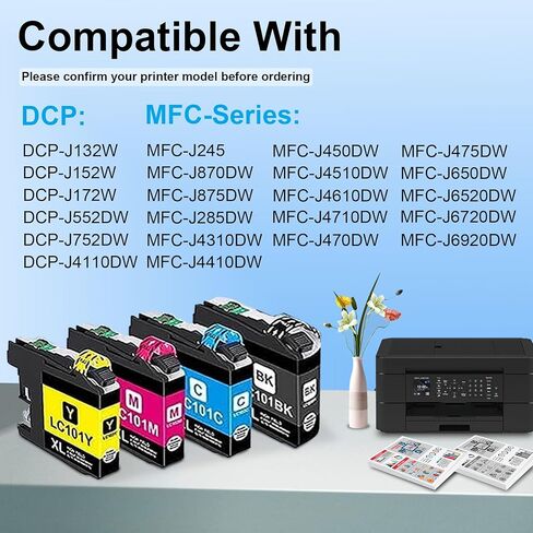 LC101XL Ink Cartridges High Yield 4-Pack Set Compatible LC101/LC103 Ink Cartridges - Replacment for Brother Printer MFC-J245 MFC-J285DW MFC-J450DW MFC-J470DW (Black,Cyan,Magenta,Yellow) in Saudi Arabia