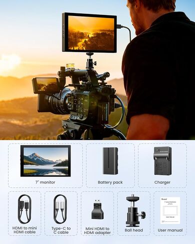 شاشة مراقبة ميدانية للكاميرا مقاس 7 بوصات، شاشة فيديو خارجية مقاس 1024 × 600 مع شاشة تصوير فوتوغرافي عالية الدقة IPS ومظلة من الشمس تدعم مدخل HDMI AV بدقة 1080 بكسل لكاميرات DSLR، البطارية غير متضمنة in Kuwait