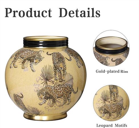 10 inch Vintage Ceramic Flower Vases with Gold Rim, Beige and Black Leopard Print Round Vase for Home Decor Accent, Farmhouse Centerpiece for Dining Table, Living Room, Shelves in Saudi Arabia