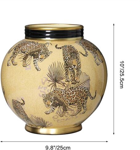 10 inch Vintage Ceramic Flower Vases with Gold Rim, Beige and Black Leopard Print Round Vase for Home Decor Accent, Farmhouse Centerpiece for Dining Table, Living Room, Shelves in Saudi Arabia