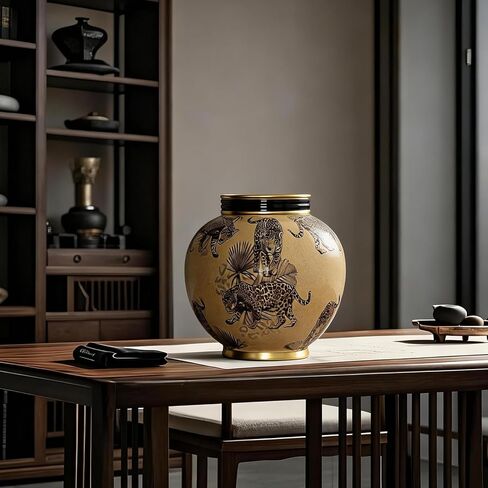 10 inch Vintage Ceramic Flower Vases with Gold Rim, Beige and Black Leopard Print Round Vase for Home Decor Accent, Farmhouse Centerpiece for Dining Table, Living Room, Shelves in Saudi Arabia