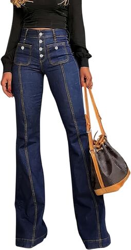 بنطلون جينز نسائي من GOLDPKF ذو جرس سفلي عالي الخصر جينز متوهج ومتعرج من قماش الدنيم بنطلون ضيق قابل للتمدد مع جيوب in Kuwait