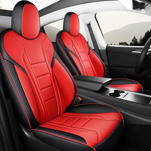 FREESOO Customized Seat Cover for Tesla Model Y 2020-2025 7 Seats, Leather Car Seat Cover Full Set Accessories, 3 Row Black Red in Kuwait