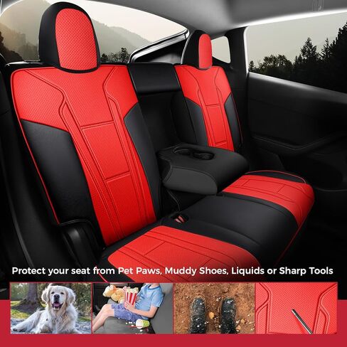 FREESOO Customized Seat Cover for Tesla Model Y 2020-2025 7 Seats, Leather Car Seat Cover Full Set Accessories, 3 Row Black Red in Kuwait