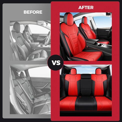FREESOO Customized Seat Cover for Tesla Model Y 2020-2025 7 Seats, Leather Car Seat Cover Full Set Accessories, 3 Row Black Red in Kuwait