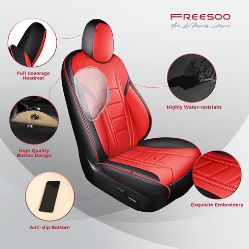 FREESOO Customized Seat Cover for Tesla Model Y 2020-2025 7 Seats, Leather Car Seat Cover Full Set Accessories, 3 Row Black Red in Kuwait