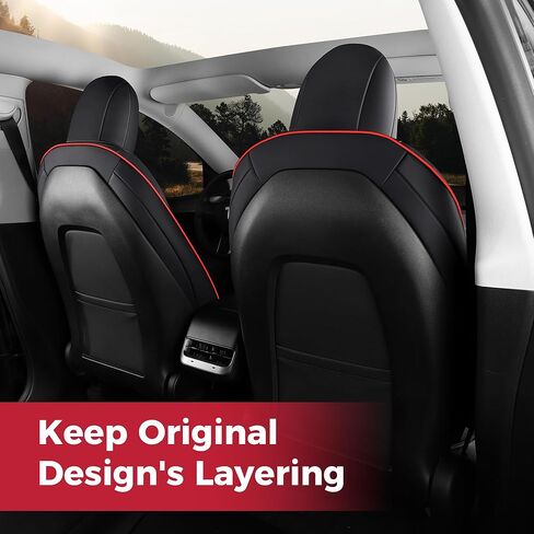 FREESOO Customized Seat Cover for Tesla Model Y 2020-2025 7 Seats, Leather Car Seat Cover Full Set Accessories, 3 Row Black Red in Kuwait