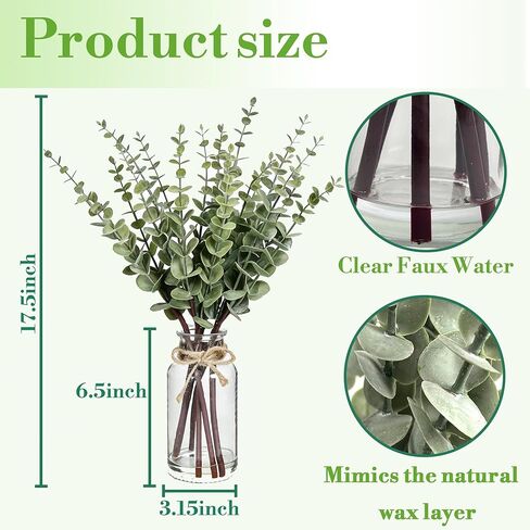 Artificial Eucalyptus Stems in Glass Vase with Faux Water, 17.5" Faux Greenery for Vase,Fake Plants for Bathroom Decor Farmhouse Room Decor Table Decorations Home Decor Wedding (Sage Green) in Saudi Arabia