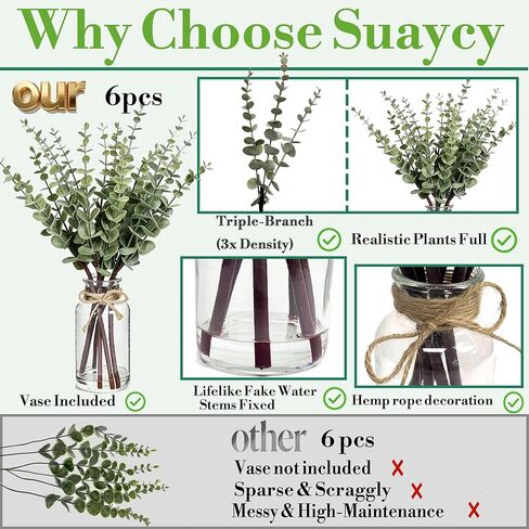 Artificial Eucalyptus Stems in Glass Vase with Faux Water, 17.5" Faux Greenery for Vase,Fake Plants for Bathroom Decor Farmhouse Room Decor Table Decorations Home Decor Wedding (Sage Green) in Saudi Arabia