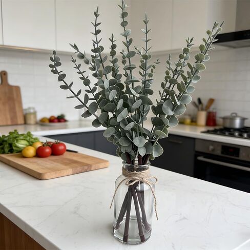 Artificial Eucalyptus Stems in Glass Vase with Faux Water, 17.5" Faux Greenery for Vase,Fake Plants for Bathroom Decor Farmhouse Room Decor Table Decorations Home Decor Wedding (Sage Green) in Saudi Arabia