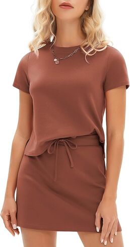 Exlura Womens Summer Summer 2 قطعة مجموعات تنورة قصيرة الأكمام قصيرة الأكمام وتنس Skort skort shisty متطابقة التعرق in Kuwait