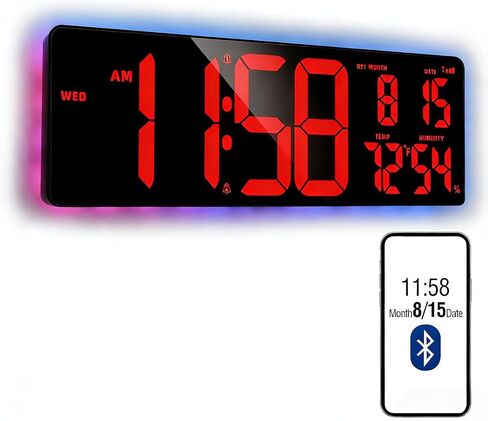 ساعة حائط رقمية LED كبيرة الحجم بتقنية البلوتوث مقاس 16.5 بوصة من TXL، ساعة مؤقت للعد لأعلى/لأسفل مع إضاءة محيطة، ساعة حائط ذات سطوع قابل للتعديل للمنزل والمكتب وصالة الألعاب الرياضية وكبار السن، التوقيت الصيفي التلقائي in Kuwait